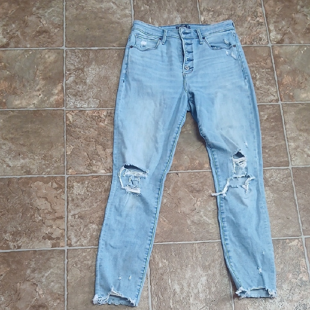 A&F High Rise Super Skinny Ankle Curve Love Ripped Jeans Size 6R/28 Button Fly